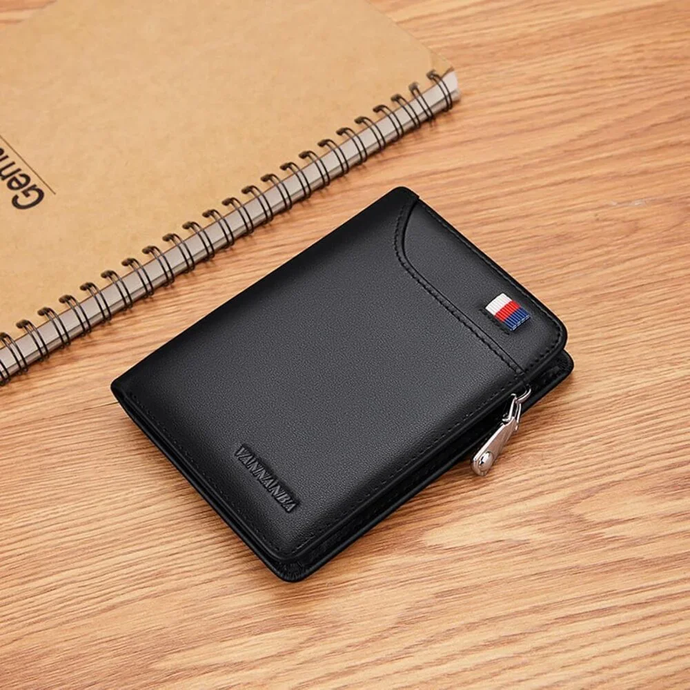 Men's Wallets Card Black Genuine Leather Slim Front Zipper Coin Pocket Design